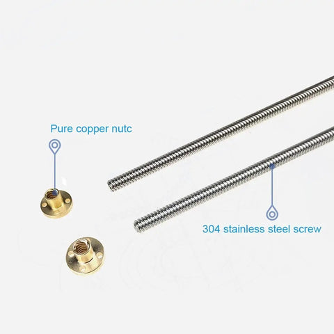 T8 Trapezoidal Lead Screw For 3D Printer Dope Upgrade, 8mm Diameter, 2mm Pitch, 14mm Lead, Stainless Steel, Easy Install, Durable Replacement Rod For Precise Motion And Smooth Threading; 304 stainless steel screw with pure copper nut