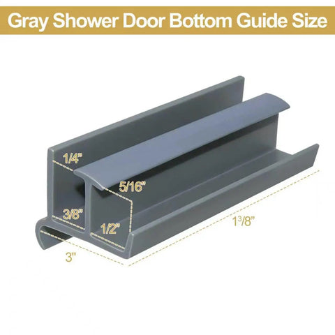 Gray Sliding Shower Door Bottom Guide With Slick Roller Track For Standard Glass Doors Up To Five Sixteenth Inch Thickness No Sweat Setup Secure Fit Long Lasting Performance One Pack, showing dimensions.
