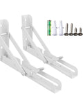 White 2 Pack Folding Shelf Brackets Legit Heavy Duty Metal Right Angle Wall Float Support Tough As Nails Construction with screws.