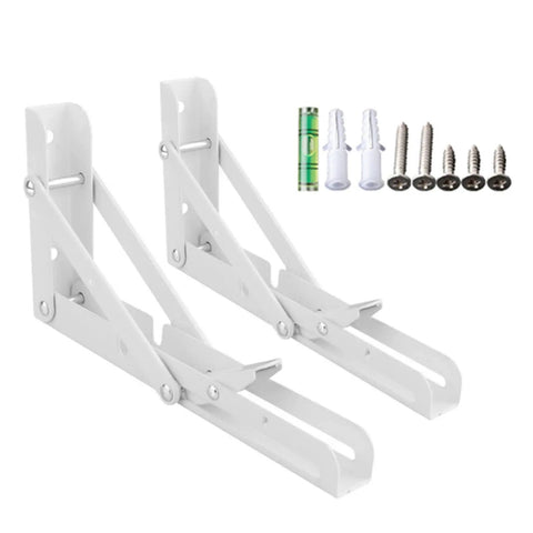 White 2 Pack Folding Shelf Brackets Legit Heavy Duty Metal Right Angle Wall Float Support Tough As Nails Construction with screws.