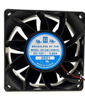 Front view of 120mm 12V High Flow PC Case Fan With 0.60A Draw, 5000 RPM And 226 CFM, featuring a dual ball bearing design.