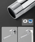 Shophubio Wall Mounted Kitchen Faucet Single Handle Cold Water Only Extended Spout 304 Stainless Steel Rotatable Sink Tap for Utility Mop Pool Silver Finish(25cm) close-up of threaded spout and installation parts.