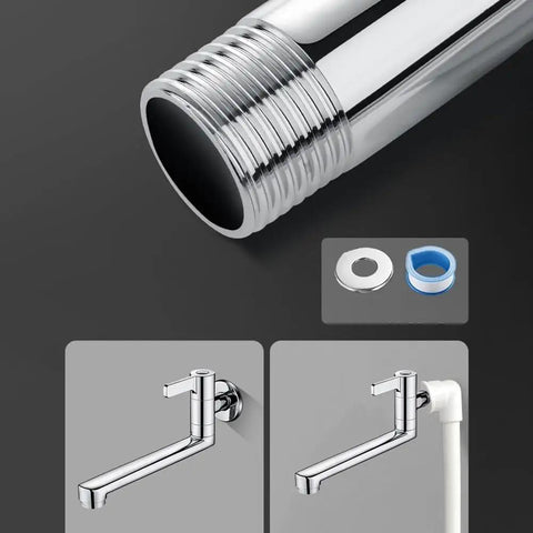 Shophubio Wall Mounted Kitchen Faucet Single Handle Cold Water Only Extended Spout 304 Stainless Steel Rotatable Sink Tap for Utility Mop Pool Silver Finish(25cm) close-up of threaded spout and installation parts.