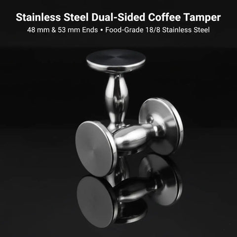 Heavyweight Dual Sided Espresso Tamper Made From Durable Aluminum With 48 Millimeter And 53 Millimeter Ends on black background