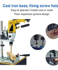 Universal Adjustable Bench Drill Stand Crafted With Slick Aluminum Alloy Plate For Rock Solid Hand Drill Clamping And Hella Smooth Workshop Precision Operation, featuring cast iron base and drill.