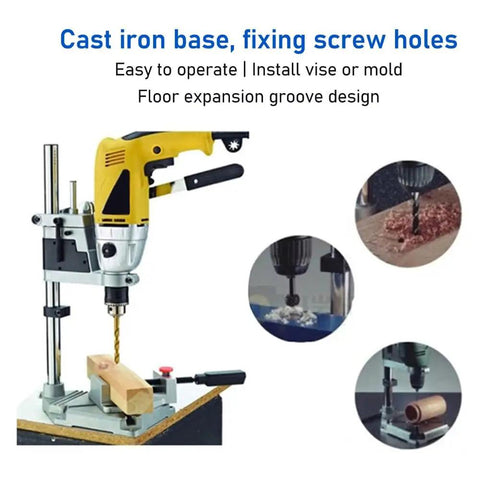 Universal Adjustable Bench Drill Stand Crafted With Slick Aluminum Alloy Plate For Rock Solid Hand Drill Clamping And Hella Smooth Workshop Precision Operation, featuring cast iron base and drill.