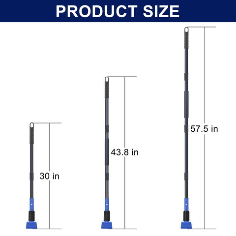 Badass Heavy Duty Commercial Mop Handle 57.5 Inch Extended Pole With Upgraded Jaw Clamp For Microfiber Cotton String And Loop Mops Pro Floor Cleaning Gear showing size options 30 in, 43.8 in, and 57.5 in.