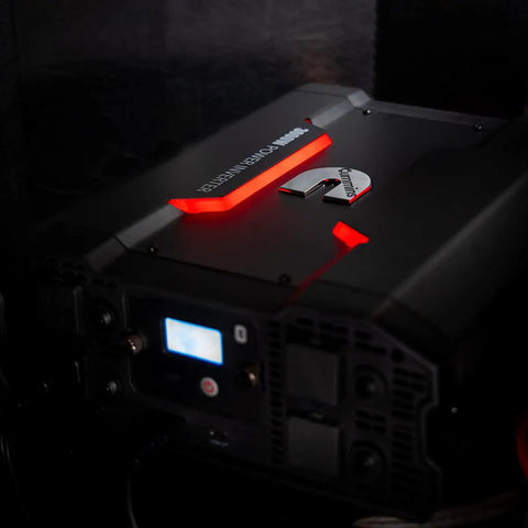 Heavy Duty 3000 Watt Power Inverter Kicks Butt Running Gear By Steadily Converting 12v Dc To 110v Ac with red LED and screen.