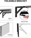YUMORE 16-inch black folding shelf brackets, heavy-duty L-brackets for workbench, shown open and folded, pack of 2.