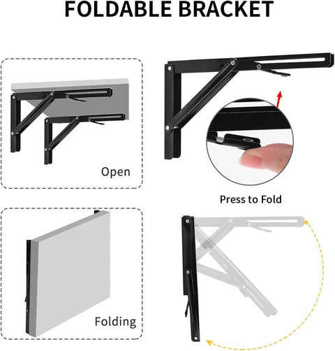 YUMORE 16-inch black folding shelf brackets, heavy-duty L-brackets for workbench, shown open and folded, pack of 2.