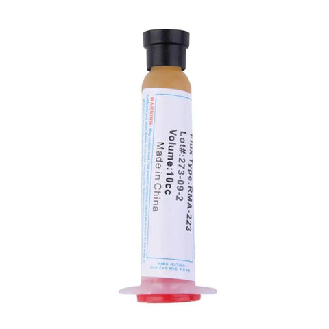 Pro Grade Solder Paste Flux Grease RMA223 10cc syringe for electronic repair, labeled with volume and origin details