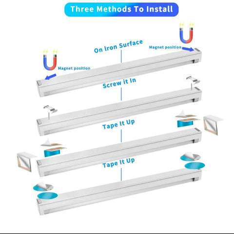 Installation methods for UV Black Light Bar USB 10W 1Ft LED Strip Lights with magnetic and screw mounting options.