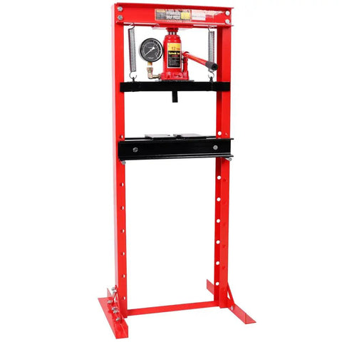 12 Ton Hydraulic Shop Press With Gauge Bottle Jack For Bending Straightening And Pressing Metal Components Bearings U Joints Bushings And Pulleys Adjustable Ram With Overload Valve Red