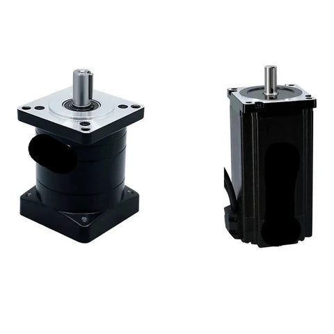 Beefy Compact High Torque Planetary Gear Reducer For NEMA 34 86 Stepper Motor With 14mm Input Hole And 16mm Output Shaft Built For Smooth Precise Machine Motion And Easy Inline Mounting, front and side views