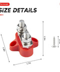 Heavy Duty 2 Pack Battery Junction Block With Insulated Power And Ground Posts M8 Dual Studs For Your Truck Whip Or Boat Deck Knockout Nylon Terminal Bus Bar Setup, showing dimensions 1.7 x 1.5 x 1.8 inches.