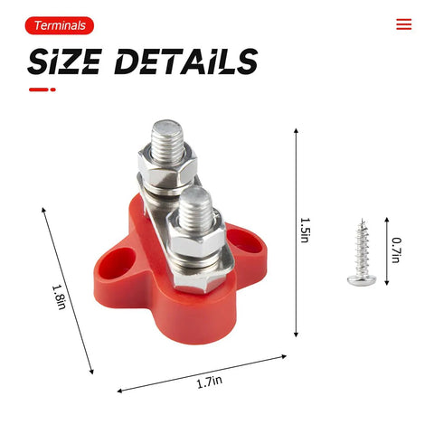 Heavy Duty 2 Pack Battery Junction Block With Insulated Power And Ground Posts M8 Dual Studs For Your Truck Whip Or Boat Deck Knockout Nylon Terminal Bus Bar Setup, showing dimensions 1.7 x 1.5 x 1.8 inches.