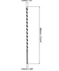 Side view of long wood auger drill bit, 1/2 in diameter, 16 in length, 3/8 in hex shank