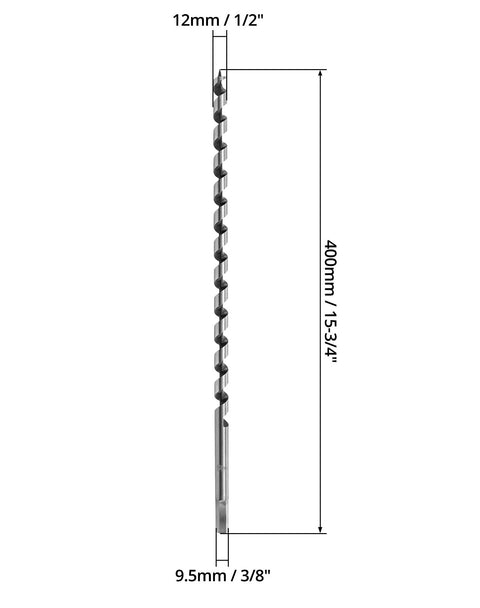 Side view of long wood auger drill bit, 1/2 in diameter, 16 in length, 3/8 in hex shank