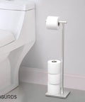 Freestanding Toilet Paper Holder With Storage For Jumbo Rolls Holds Up To Four Rolls next to toilet, stainless steel design.