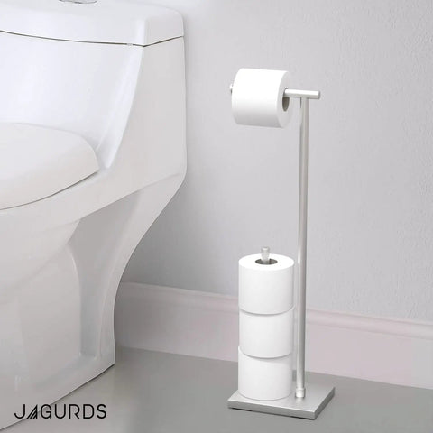 Freestanding Toilet Paper Holder With Storage For Jumbo Rolls Holds Up To Four Rolls next to toilet, stainless steel design.