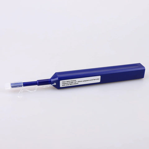 Blue fiber optic cleaner pen with 2.5mm and 1.25mm adapters, side view.