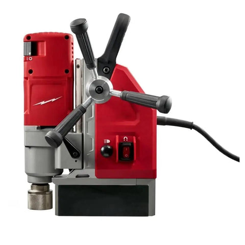 Milwaukee Style 1-5/8 Inch Auto Stop Electromagnetic Drill Kit with 13 Amp motor showing control panel and cutter.