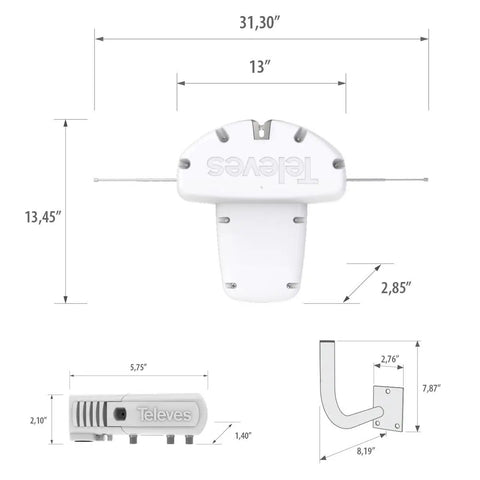 DiNova Boss Mix 144286 Attic Outdoor HDTV Antenna With Built In Beast Signal Amplifier dimensions and bracket detail