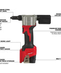 Top Grade 2550-22 M12 Cordless Rivet Gun Kit Perfect For Milwaukee Tools Pulls Stainless And Aluminum Up To 3/16 Inch With Quick Charge And Red Black Finish. side view of cordless rivet gun with nose pieces and mandrel collector