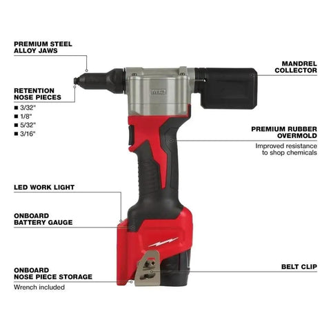 Top Grade 2550-22 M12 Cordless Rivet Gun Kit Perfect For Milwaukee Tools Pulls Stainless And Aluminum Up To 3/16 Inch With Quick Charge And Red Black Finish. side view of cordless rivet gun with nose pieces and mandrel collector