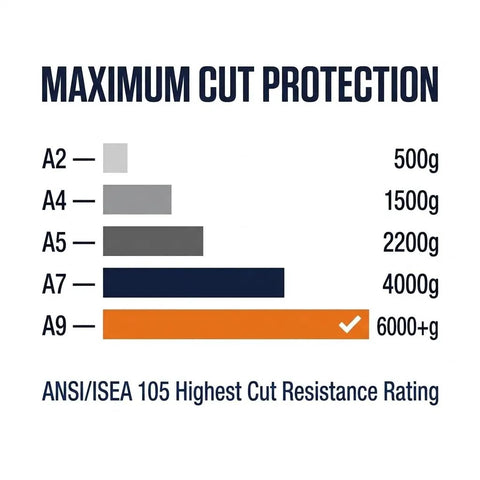 Chart showing ANSI/ISEA 105 cut resistance ratings with Level 9 Cut Resistant HPPE Kitchen Gloves Pro Grade Heavy Duty Food Safe at A9.