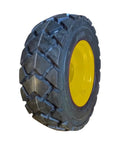 Four Pack Heavy Duty Skid Steer Tires Mounted On 8 Lug Wheels 10x16.5 12 Ply L5 Tread Built Different Ready To Roll For New Holland John Deere Compact Loaders tire with yellow rim and tread detail.