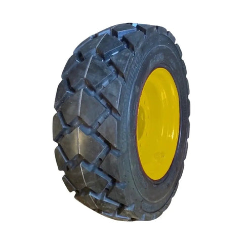Four Pack Heavy Duty Skid Steer Tires Mounted On 8 Lug Wheels 10x16.5 12 Ply L5 Tread Built Different Ready To Roll For New Holland John Deere Compact Loaders tire with yellow rim and tread detail.