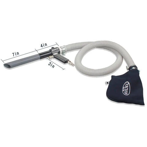 Top Shelf Pneumatic Vacuum And Blower Gun Badass Dual Function Air Tool showing 7in long nozzle, reinfoced tube, and dust collection pouch.