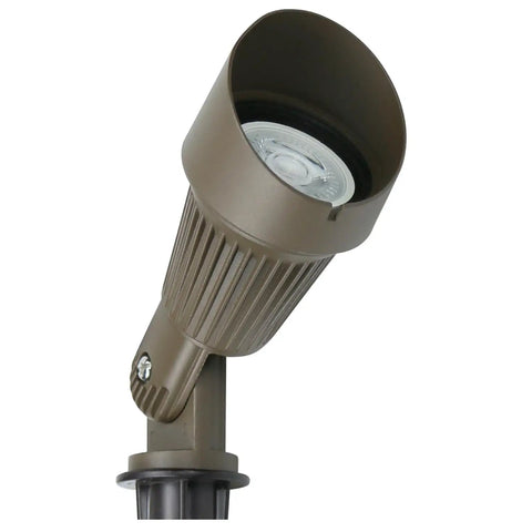 Close-up of 4W 12V Low Voltage Landscape Lights Kit Bronze Outdoor Spotlight Set with LED bulb and adjustable knuckle.