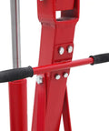 Detail view of the handle and hydraulic ram on the Top Shelf 2 Ton Steel Garage Engine Hoist With Folding Frame.