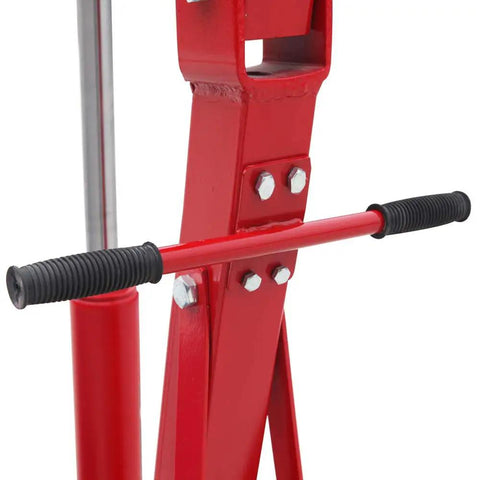 Detail view of the handle and hydraulic ram on the Top Shelf 2 Ton Steel Garage Engine Hoist With Folding Frame.