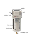 Heavy-Duty Air Line Filter With 3/8 NPT Port For Clean Air System AF3000-03, Pro Grade Compressor Dryer with labeled parts