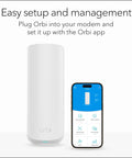 Orbi 770 Series Tri Band WiFi 7 Mesh Network System With Router And Two Satellite Extenders, setup shown with app on phone screen.