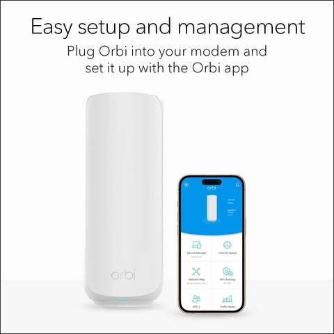 Orbi 770 Series Tri Band WiFi 7 Mesh Network System With Router And Two Satellite Extenders, setup shown with app on phone screen.