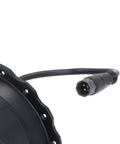 Close-up of 48V 750W Brushless Toothed Rear Hub Motor connector for 20 Inch and 26 Inch E Bikes, black cable visible, aluminum body.