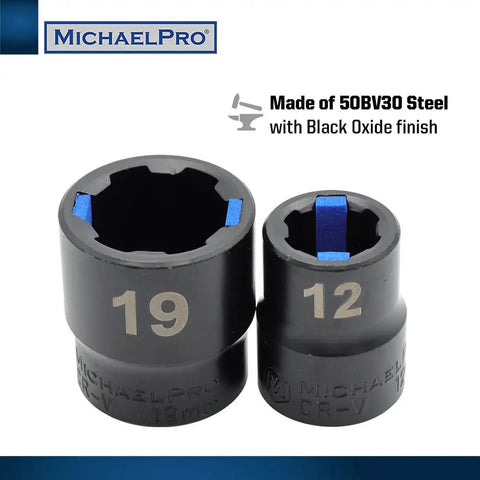 Two black CR-V steel sockets, size 19mm and 12mm, from the 18 Piece Bolt Extractor Wrench And Socket Set For Tackling Tough Bolts With 45 Degree Offset Wrenches Metric 6-19mm 6 Point Box End For Rounded Stripped And Thin Bolts CR-V Steel Extractor Sockets 10-19mm Extension Bar Included.