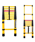 Rock Solid Fiberglass Telescoping Ladder For Electrical Work And Home Attic Tasks With Non Conductive Build and Hella Secure Thumb Lock Plus Durable 330 Pound Heavy Duty Load Rating And No Sweat Setup, folded and extended views.