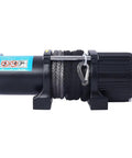 Heavy Duty 3500 Lb 12V Electric Winch With Synthetic Rope And Dual Remote Controls For ATV UTV Boat Trailer Off Road Recovery Jobs That Hit Hard, side view with motor and rope.