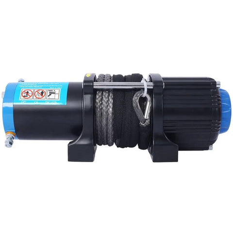 Heavy Duty 3500 Lb 12V Electric Winch With Synthetic Rope And Dual Remote Controls For ATV UTV Boat Trailer Off Road Recovery Jobs That Hit Hard, side view with motor and rope.