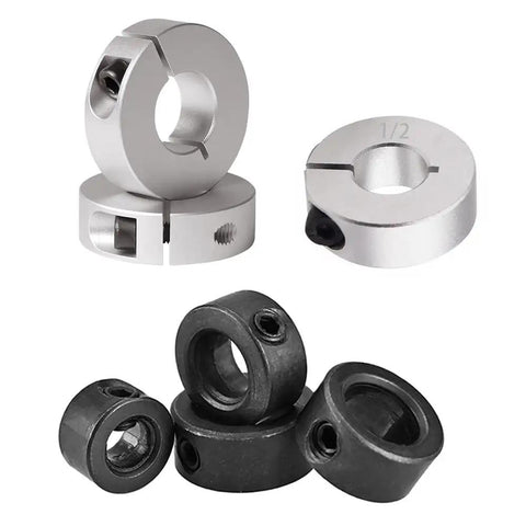 Split Ring Drill Bit Stop Collar Set Depth Stop Kit with silver and black collars in various sizes and an Allen wrench visible
