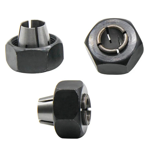 1/2 Inch Router Collet Replacement For Porter-Cable 690 890 Series Routers with auto-release, reducing bit runout, black steel adapter.