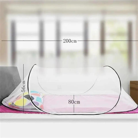 2 Pack Pop Up Mosquito Net Tent For Bed Sleep installed on a bed with breathable fine mesh and zipper closure. Dimensions shown.