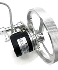 Dead On Accurate Perimeter Wheel Length Measuring Meter Counter With Plug And Play Rotary Encoder close-up view of rotary encoder and wheel.