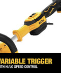 Close-up of the 20V Max String Trimmer Kit With 5Ah Battery And QuickLoad Spool, showing variable speed trigger and hi/lo control.
