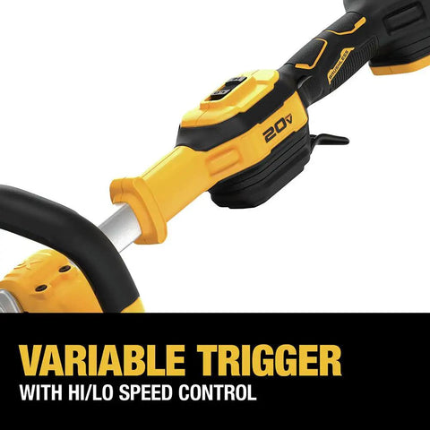 Close-up of the 20V Max String Trimmer Kit With 5Ah Battery And QuickLoad Spool, showing variable speed trigger and hi/lo control.